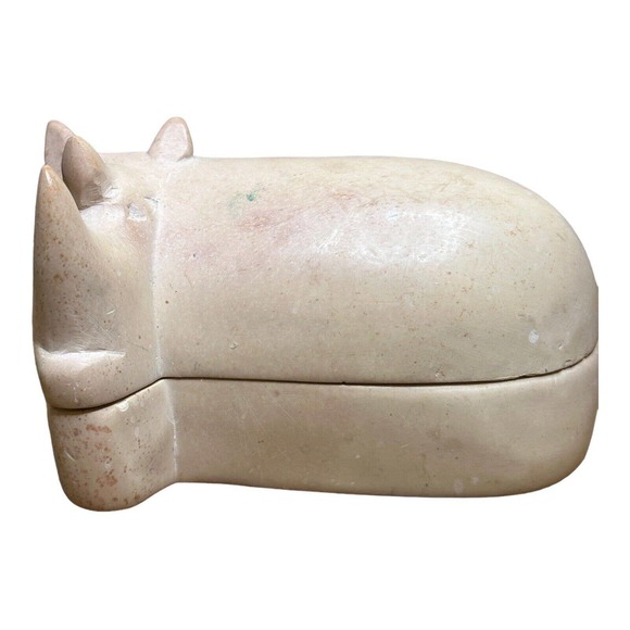 Vintage South African Handmade Carved Rhino Raku Soap Stone Pottery Trinket Box - Picture 3 of 4